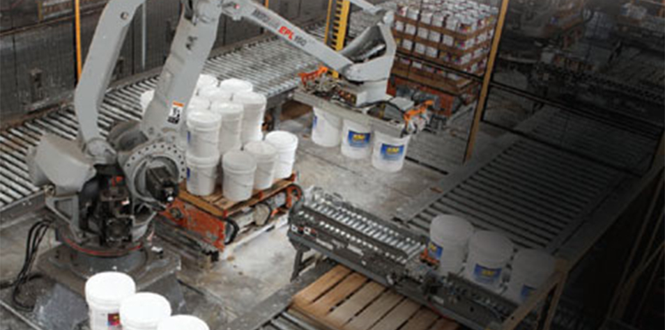 Alvey robotic pallet transport in Kelly-Moore paint warehouse